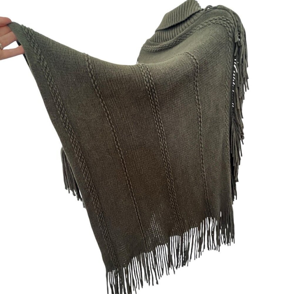 Leto Collection Fringe Poncho Wrap Olive Green One Size Bohemian Boho Hippie - Picture 8 of 13